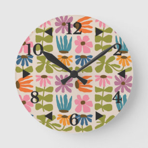 Retro Groovy Floral Round Clock