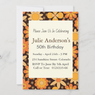 Retro Groovy Floral Yellow Orange 5oth Birthday Invitation