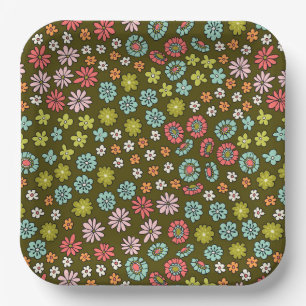 Retro Groovy Flower Pattern Paper Plate