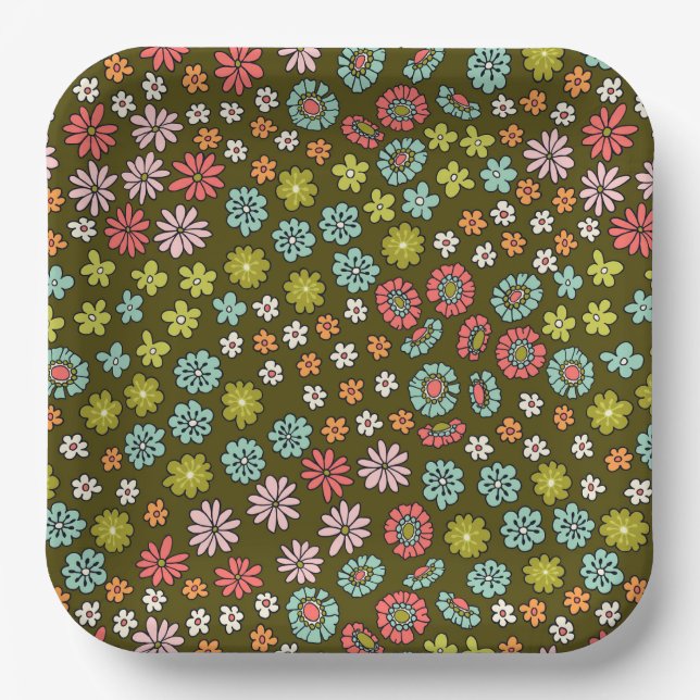 Retro Groovy Flower Pattern Paper Plate (Front)