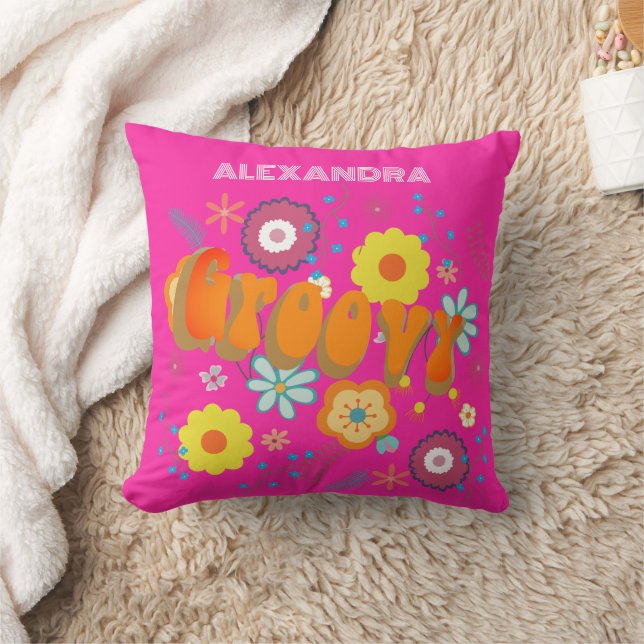 Retro Groovy Flower Power Hot Pink  Cushion (Blanket)