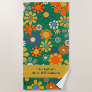 Retro Groovy Flowers 60s 70s Floral Pattern Bride Beach Towel