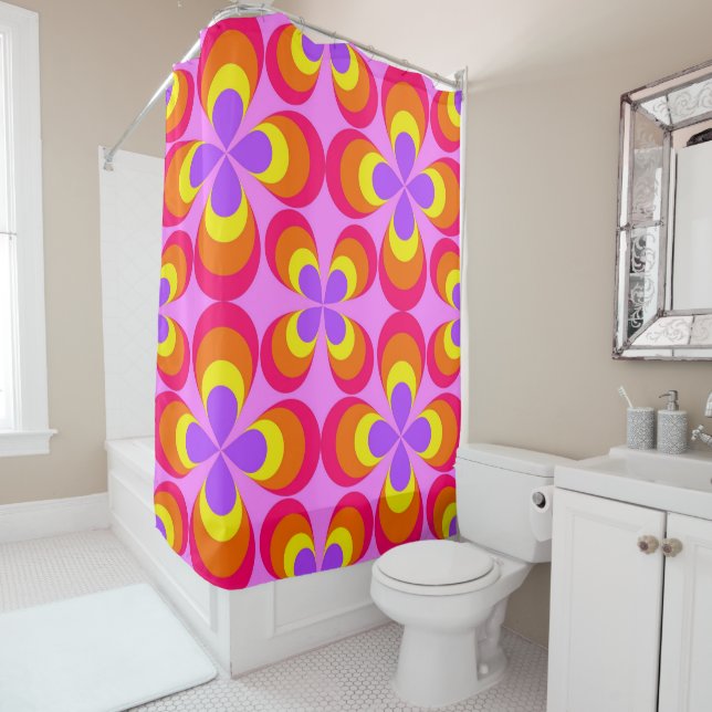 Retro Groovy Flowers Shower Curtain (In Situ)