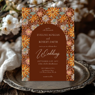Retro groovy flowers terracotta orange sage arch invitation
