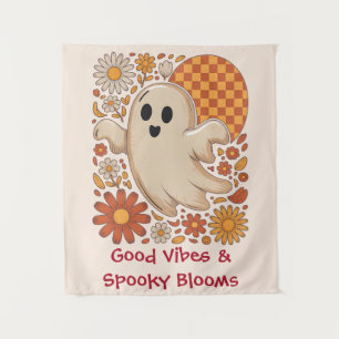 Retro Groovy Ghost Cute Floral Halloween Floral Tapestry