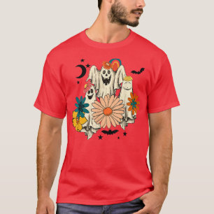 Retro Groovy Ghost Floral Halloween Spooky Season T-Shirt