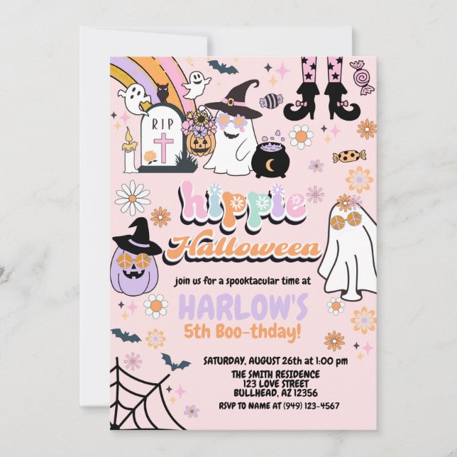 Retro Groovy Ghost Hippie Halloween Birthday Invitation (Front)