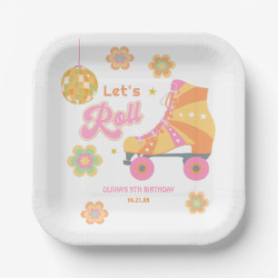 Retro Groovy Girl Roller Skating Birthday Party Paper Plate
