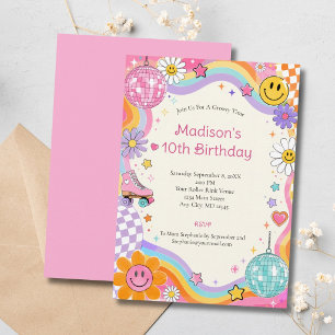 Retro Groovy Girls Skating Disco Ball Birthday Invitation