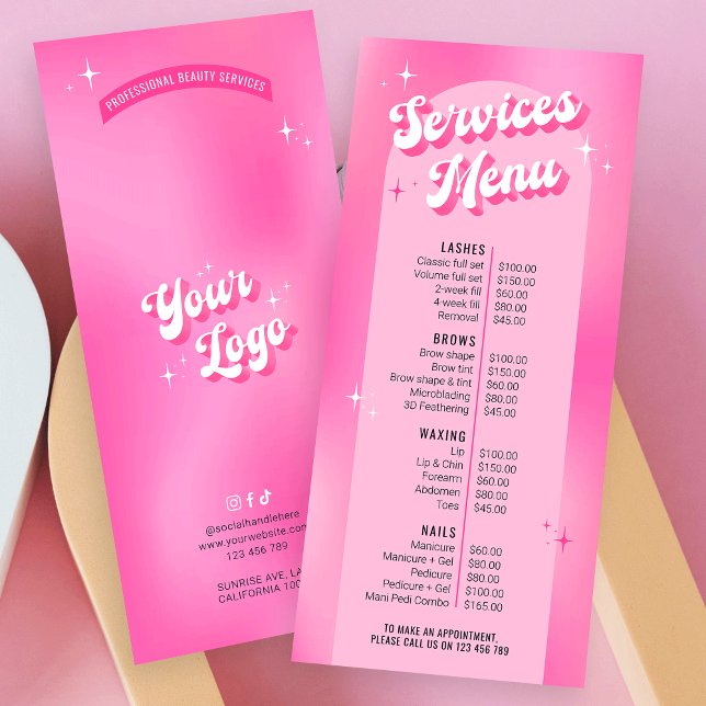 Retro Groovy Girly Pink Salon Nails Spa Price List Rack Card (Embrace the groove with this trendy girly pink business price list of services)