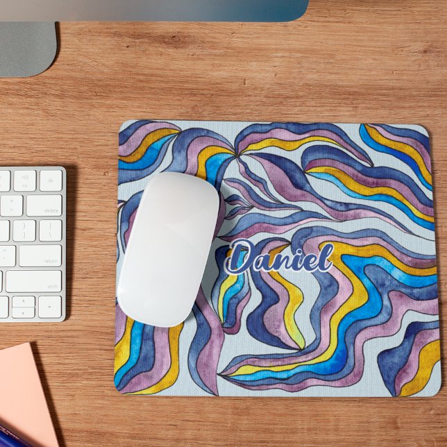 Retro Groovy Green Blue Purple Wavy Script Name Mouse Pad (Front)