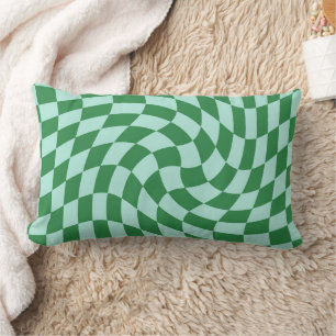 Retro Groovy Green Blue Warped Check Chequered Lumbar Cushion