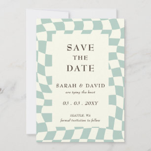 Retro Groovy Green Chequerboard Photo Save The Date