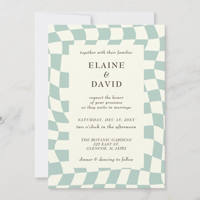 Retro Groovy Green Chequerboard Wedding Invitation (Front)