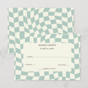 Retro Groovy Green Chequerboard Wedding RSVP Card