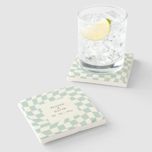 Retro Groovy Green Chequerboard Wedding Stone Coaster