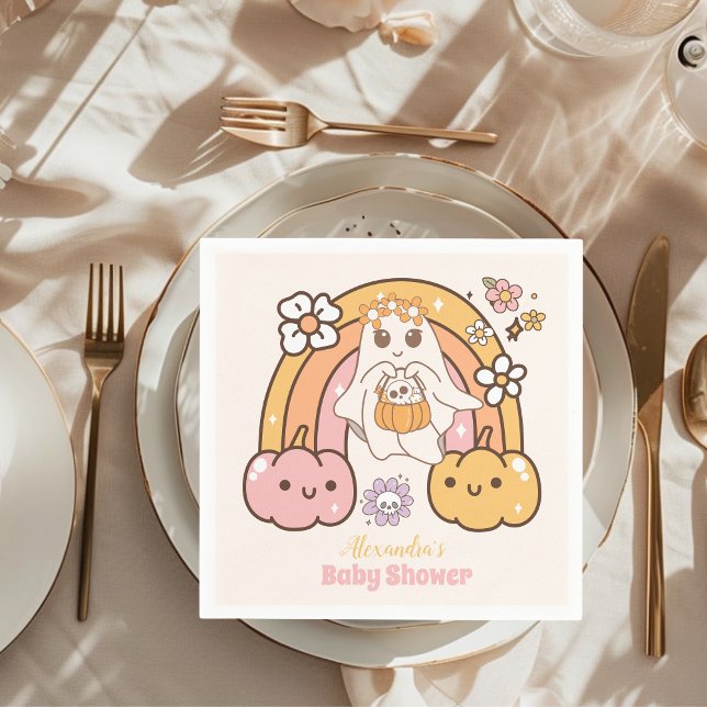 Retro Groovy Halloween Little Boo Baby Shower Napkin (Creator Uploaded)
