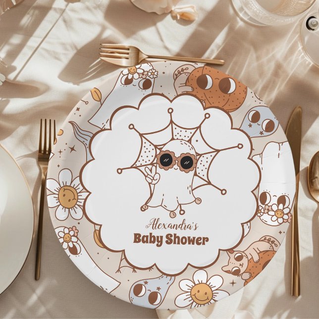 Retro Groovy Halloween Little Boo Baby Shower Paper Plate (Creator Uploaded)