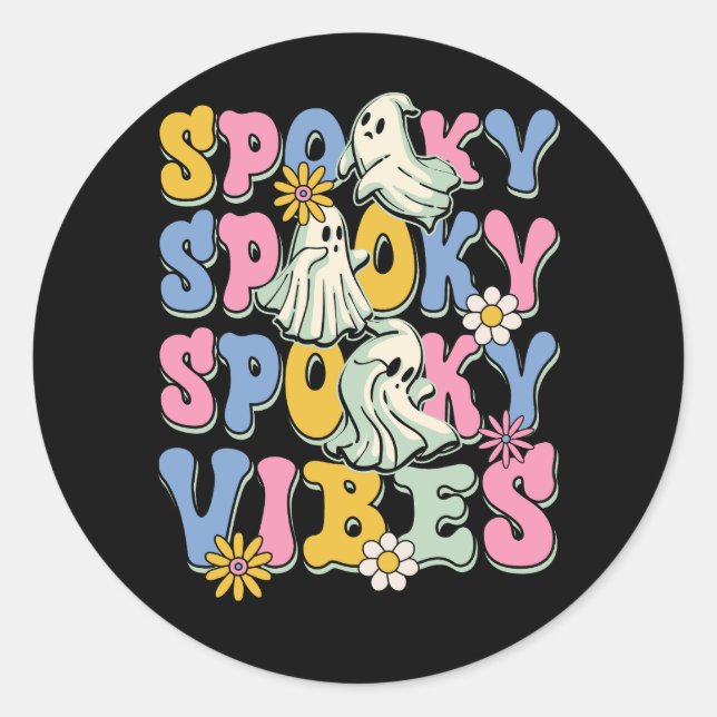 Retro Groovy Halloween Season Spooky Vibes Flowers Classic Round Sticker (Front)