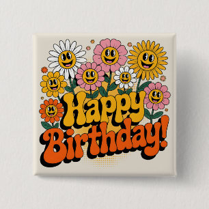 Retro Groovy Happy Birthday Floral Design 15 Cm Square Badge
