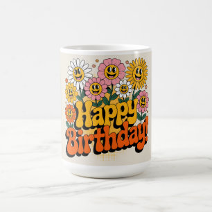 Retro Groovy Happy Birthday Floral Design Coffee Mug