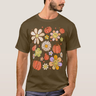 Retro Groovy Happy Fall Pumpkins Flowers Cosy Seas T-Shirt