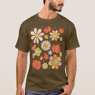 Retro Groovy Happy Fall Pumpkins Flowers Cosy Seas T-Shirt
