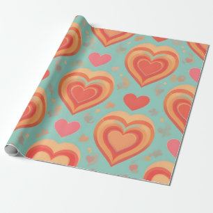 Retro Groovy Hearts 70s Valentine Love Coral Mint Wrapping Paper