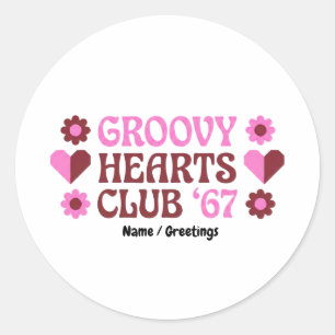 Retro Groovy Hearts Club '67 Pink Brown Valentine Classic Round Sticker