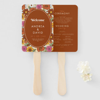 Retro Groovy Hippie Daisy Floral Terracotta 70s Hand Fan