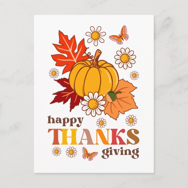 Retro Groovy Hippie Daisy Pumpkin Thanksgiving Postcard (Front)