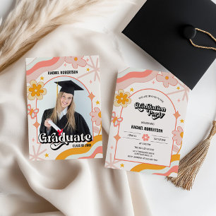 Retro Groovy Hippie Floral Photo Graduation Invitation