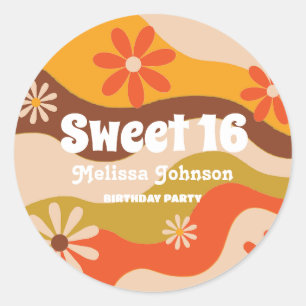 Retro Groovy Hippie Flower Sweet 16 Birthday  Classic Round Sticker