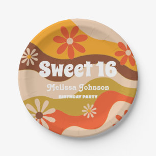 Retro Groovy Hippie Flower Sweet 16 Paper Plate
