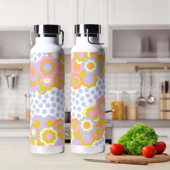 Retro Groovy Hippie Flowers and Stars Water Bottle (Creator Uploaded)