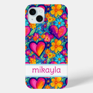 Retro Groovy Hippie Flowers Hearts Personalised iPhone 15 Mini Case
