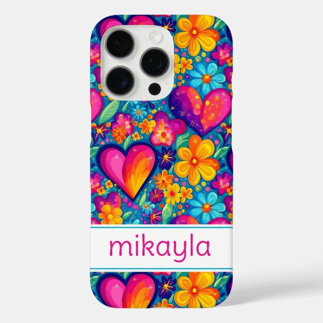 Retro Groovy Hippie Flowers Hearts Personalised Case-Mate iPhone Case (Back)