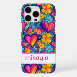 Retro Groovy Hippie Flowers Hearts Personalised iPhone 16 Pro Max Case