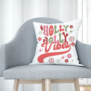 Retro Groovy Holly Jolly Vibes Holiday Photo Cushion