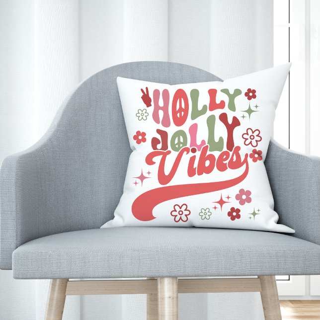 Retro Groovy Holly Jolly Vibes Holiday Photo Cushion (Retro Groovy Holly Jolly Vibes Holiday Photo Throw Pillow)