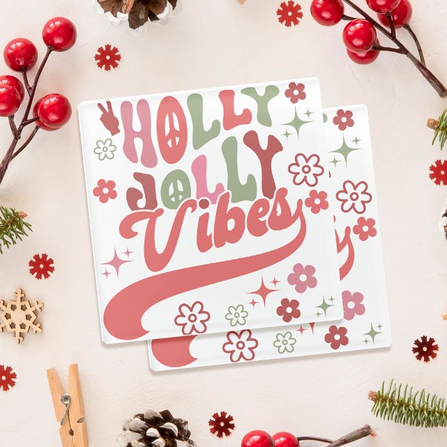 Retro Groovy Holly Jolly Vibes Holiday Photo Glass Coaster (Retro Groovy Holly Jolly Vibes Holiday Photo Glass Coaster)