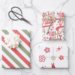 Retro Groovy Holly Jolly Vibes Holiday Wrapping Paper Sheet