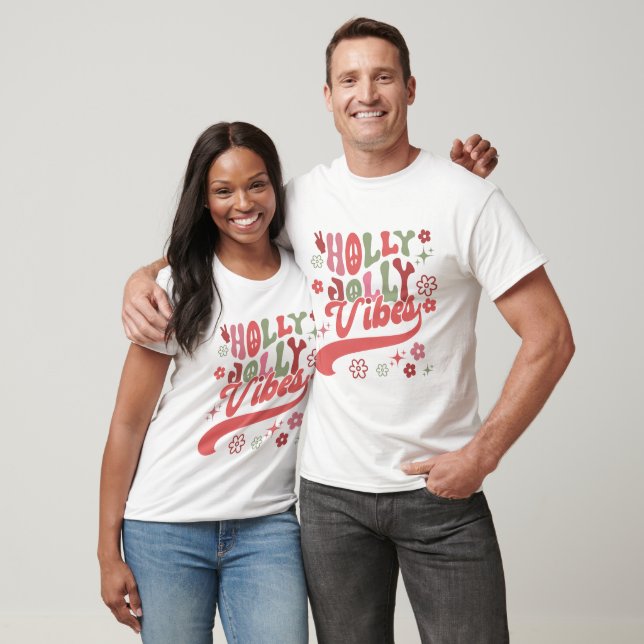 Retro Groovy Holly Jolly Vibes Typography Holiday T-Shirt (Unisex)