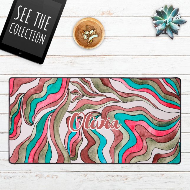 Retro Groovy Hot Pink Burgundy Wavy Script Name Desk Mat (Creator Uploaded)