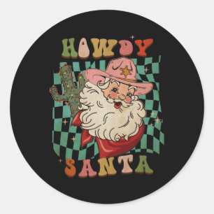 Retro Groovy Howdy Santa Christmas Cowboy Santa Xm Classic Round Sticker