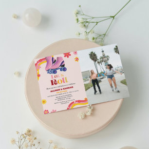 Retro groovy Ice Skating Twin Birthday let's roll Announcement