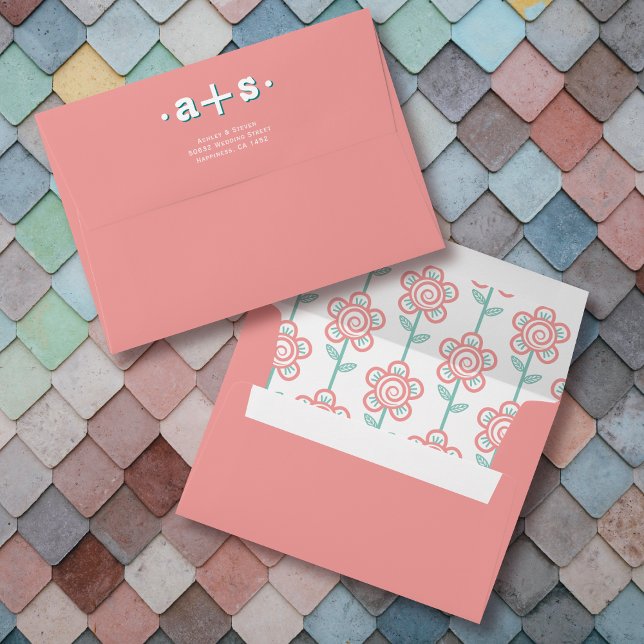 Retro groovy initials pink, aqua wedding envelope (Creator Uploaded)