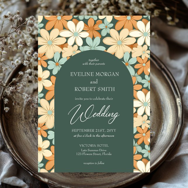 Retro groovy ivory pale yellow cream flowers arch invitation (retro groovy ivory dusty orange cream flowers boho arch wedding invitation)