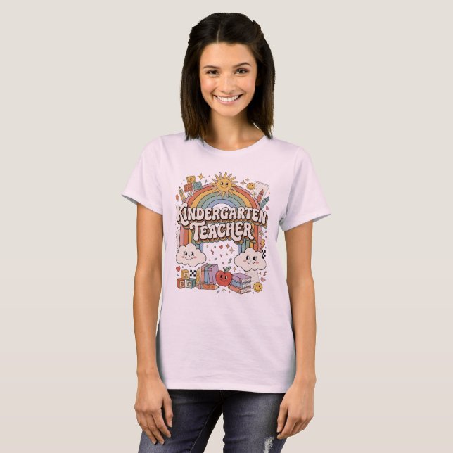 Retro Groovy Kindergarten Teacher Rainbow Tee (Front Full)