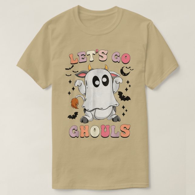 Retro Groovy Let's Go Ghouls Halloween Ghost Cow C T-Shirt (Design Front)